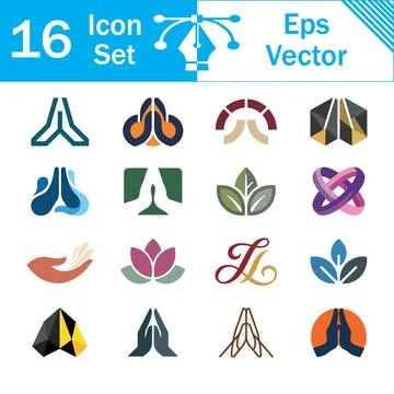 Colorful set of 16 abstract vector icons with hands and floral shapes Stock Illustration