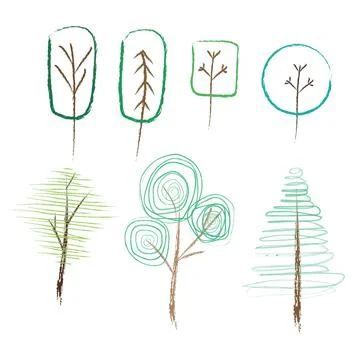 Colorful set of children's doodle trees Stock Illustration