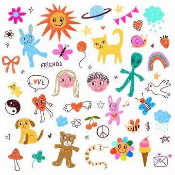 A colorful set of children's scribble doodles in a playful and naive style. Illustrazione stock