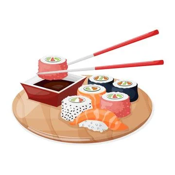 A colorful set of different types of sushi on a bamboo tray.Cartoon isolated Stock Illustration