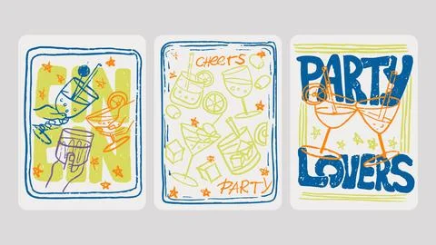 Colorful set of drinks poster style retro illustrations. Stock Illustration