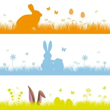 Colorful set of easter backgrounds with bunnies on grass and flowers Stock Illustration