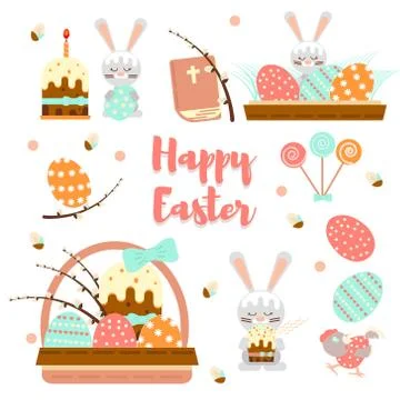 Colorful set Happy Easter greeting card with rabbit, rabbit, eggs and cake. W Illustrazione stock