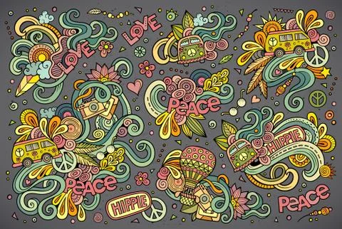 Colorful set of hippie objects Stock Illustration