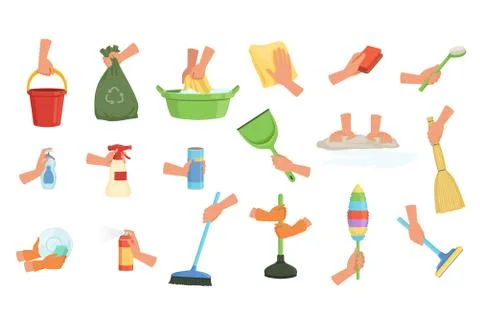 Colorful set of human hands using rag, dust brush, mop, broom, scoop and plunger Stock Illustration