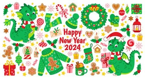 Colorful set of New Year elements and cute dragons Stock Illustration