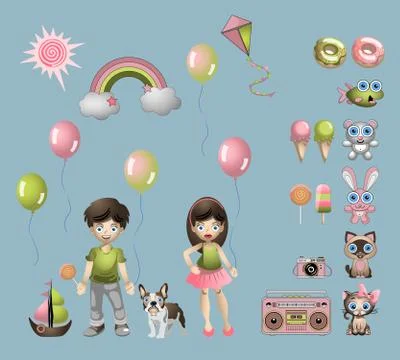Colorful Set of objects from a child's life. Collection of different cartoon kid Stock Illustration