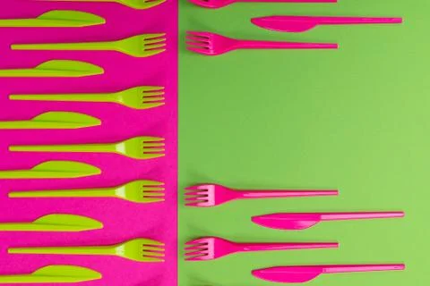 Colorful set of plastic table ware isolated on background 스톡 사진