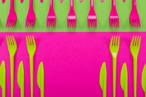 Colorful set of plastic table ware isolated on background 스톡 사진
