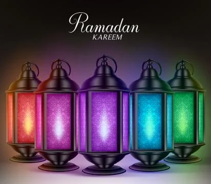 Colorful Set of Ramadan Lanterns or Fanous with Lights Stock Illustration