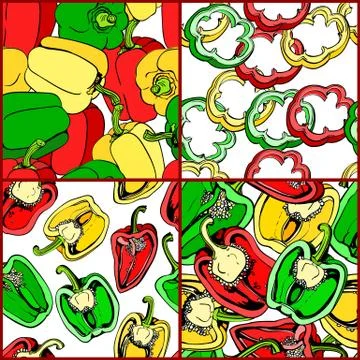 Colorful set of seamless pattern with bell pepper Stock Illustration