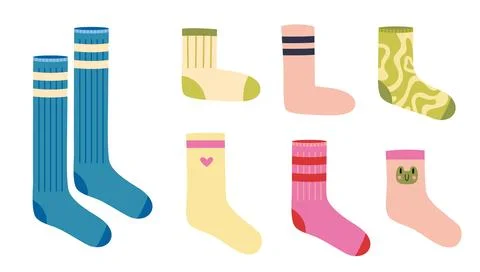Colorful set of socks in various styles and lengths for cozy or sporty outf.. Stock Illustration