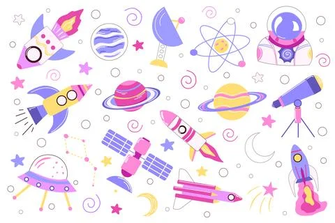 A colorful set of space-themed elements featuring rockets, planets. Stock Illustration