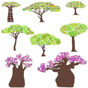 Colorful set with tree and leafs Illustrazione stock