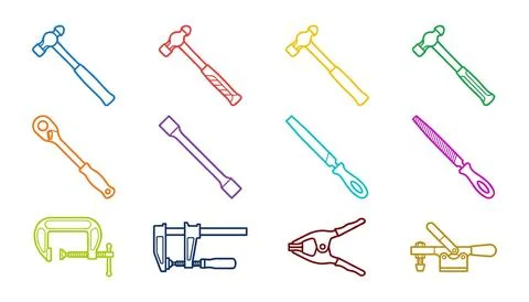 Colorful set of twelve hand tools and clamps in flat vector style Illustrazione stock