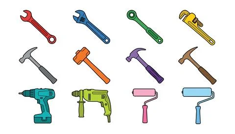 Colorful set of twelve hand tools isolated on white background Stock Illustration