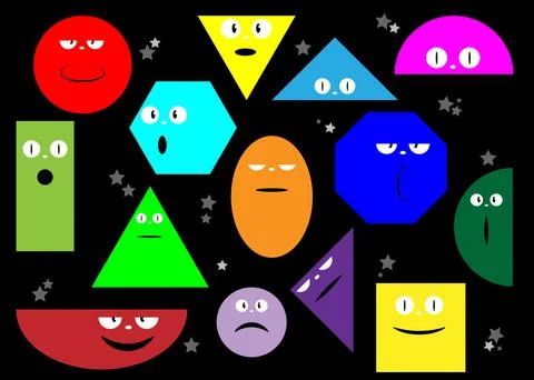 Colorful Set of Various bright basic Geometric Figures with face emoticons Stock Illustration