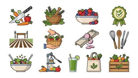 Colorful set of vegetable and kitchen preparation icons Vector Stock Illustration