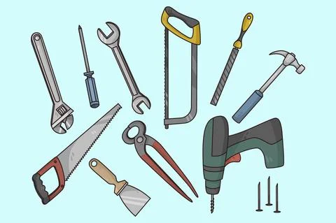 Colorful set of work tools for carpentry and woodwork Stock Illustration