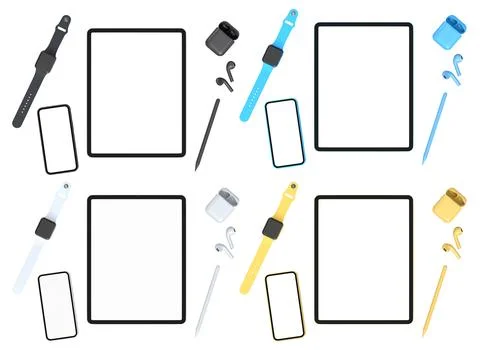 Colorful sets of digital devices including tablets with keyboards, wireless e Stock Illustration