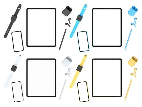Colorful sets of digital devices including tablets with keyboards, wireless e Stock Photos