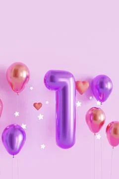A colorful setup is seen with a large purple number seven balloon surrounded  Stock Illustration