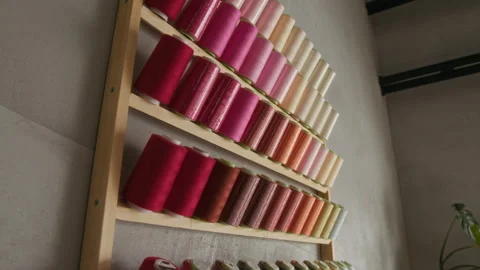 Colorful Sewing Thread on Bobbins Displayed on Wall in Atelier Stock Footage 315771993