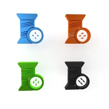 Colorful Sewing thread on spool and button icon isolated on white backgroun.. Illustrazione stock