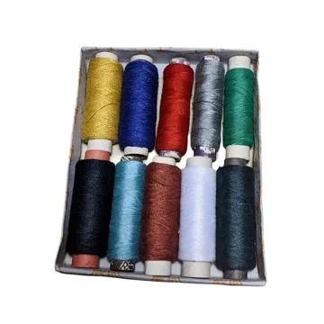 Colorful Sewing Thread Spools in Box Stock Photos