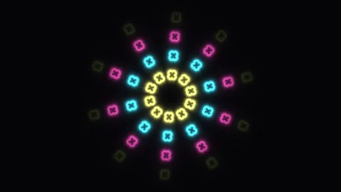 Colorful shapes move in a circular pattern on a dark Stock Footage 338286698