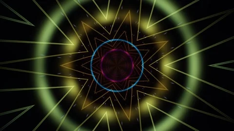 Colorful shapes spin hypnotically on a dark background Stock Footage 340312923
