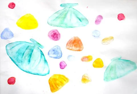 Colorful shells, scallops on white background. Drawing with watercolor. Stock Illustration