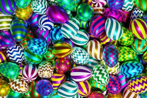 Colorful shiny painted Easter eggs. Top view 3D rendering Stock Illustration
