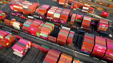 Colorful Shipping Containers and Container Trucks, 4K Stock Footage 160313392