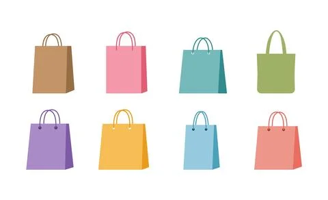 Colorful shopping bag icon set with paper and reusable tote bags Stock Illustration