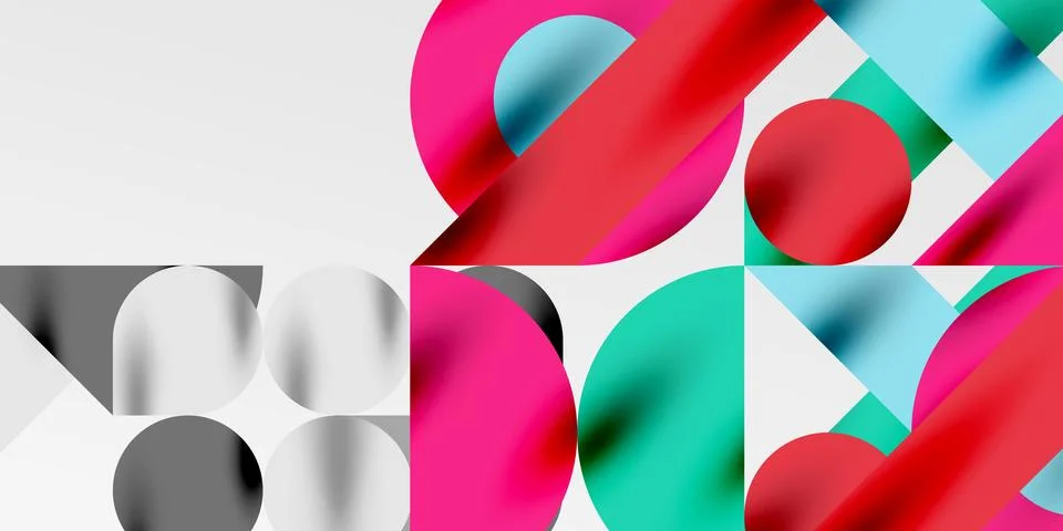Colorful simple dynamic geometric forms circles lines and round shapes. Mosaic Stock Illustration