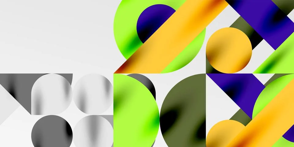 Colorful simple dynamic geometric forms circles lines and round shapes. Mosaic Stock Illustration