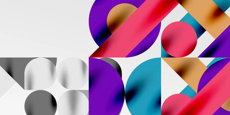 Colorful simple dynamic geometric forms circles lines and round shapes. Mosaic Stock Illustration