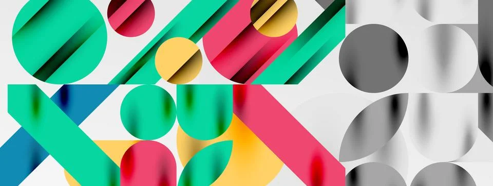 Colorful simple dynamic geometric forms circles lines and round shapes. Mosaic Stock Illustration
