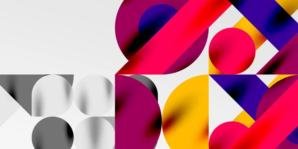 Colorful simple dynamic geometric forms circles lines and round shapes. Mosaic Stock Illustration