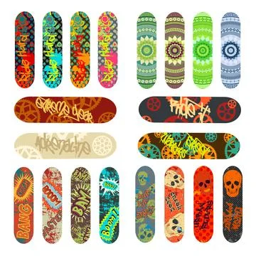 Colorful Skateboard Deck Vector Set with Urban Graffiti Designs Stock Illustration