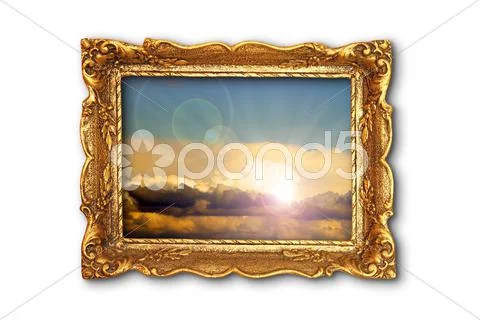 Colorful sky image in ancient gilded painting frame; the image with the cloud Stock Photos