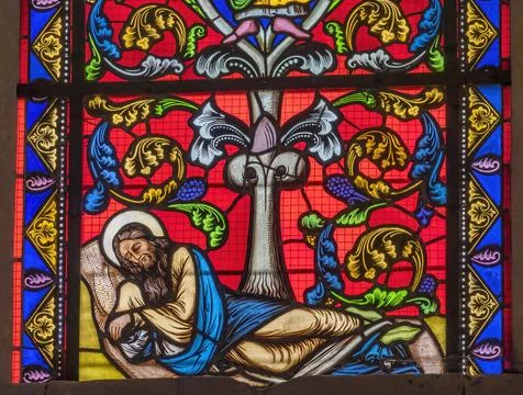 Colorful Sleeping Saint Joseph Stained Glass Cathedral Bayeux Normandy France Stock Photos