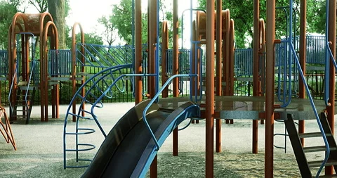 Colorful slides and climbing structures in afternoon playtime Stock Footage 318600323