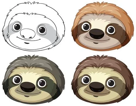 Colorful Sloth Faces Vector Set Stock Illustration