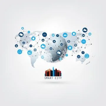 Colorful Smart City, Cloud Computing Design Concept with Icons Stock Illustration