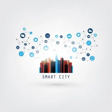 Colorful Smart City, Cloud Computing Design Concept with Icons Stock Illustration