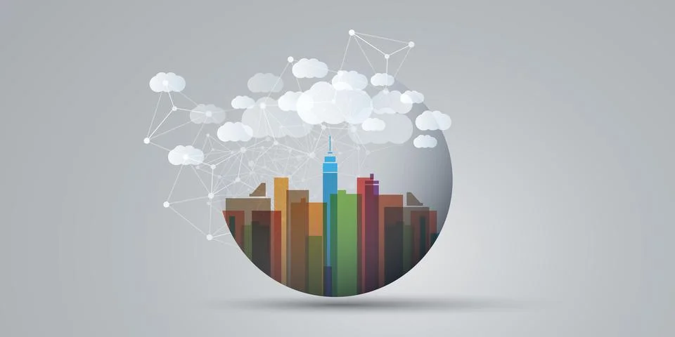 Colorful Smart City, Cloud Computing Design Concept with Transparent Globe,.. Illustrazione stock