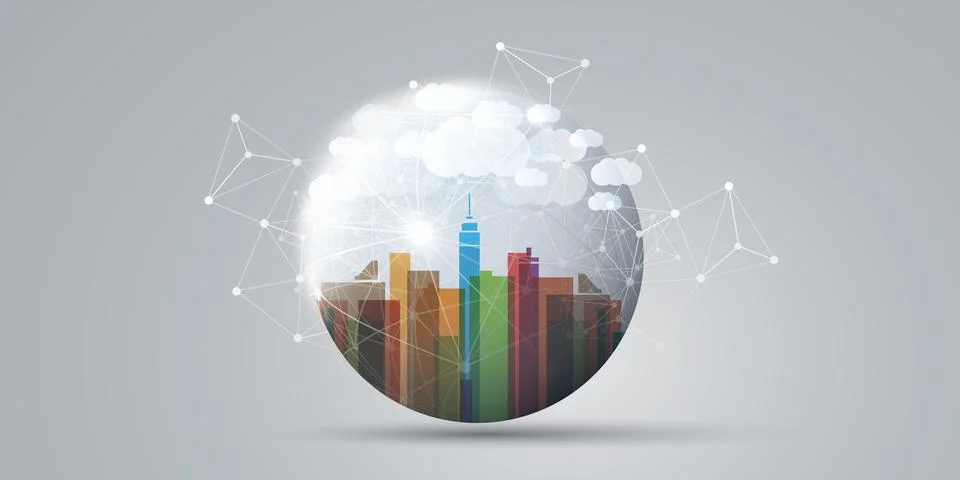 Colorful Smart City, Cloud Computing Design Concept with Transparent Globe,.. Illustrazione stock