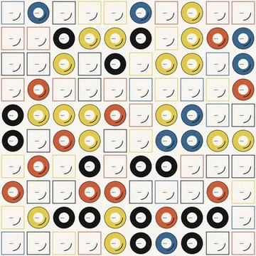 Colorful smiley faces pattern with black yellow red blue outlines on white .. Stock Illustration